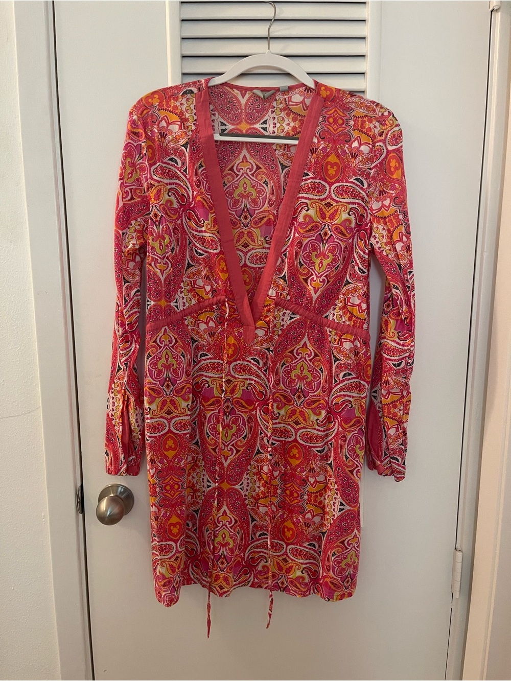 Athleta Pink and Orange Paisley V-Neck Long-Sleeve Dress